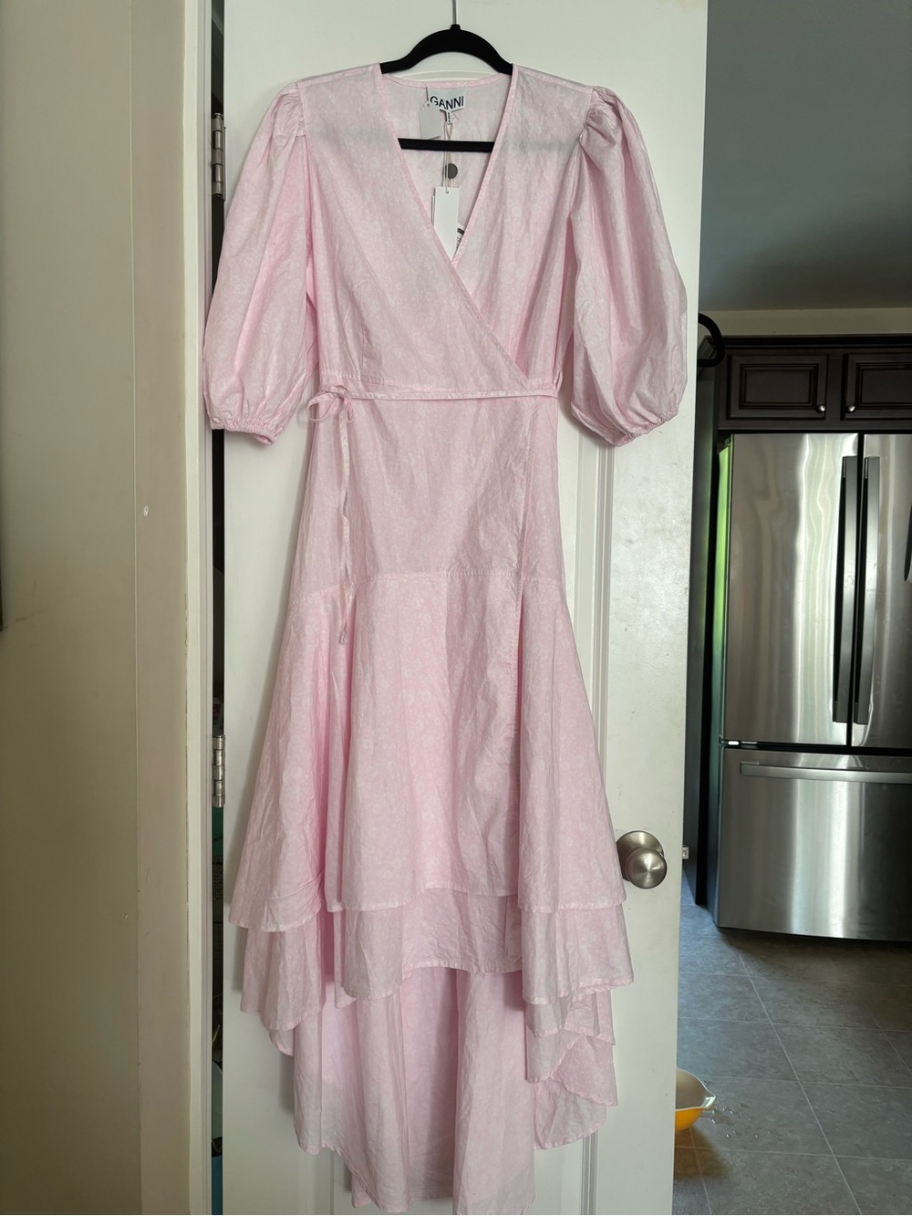Ganni New Pink Wrap High-Low Midi Dress Cherry Blossom Organic Cotton Sz 40 8/10